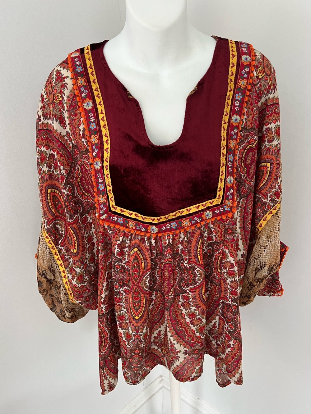 Ivy Jane Paisley Burgundy Velvet Yoke Top Sz. M